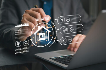 Businessman uses AI smart home automation on virtual interface. Analyzing energy efficiency, cost...