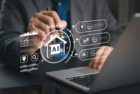 Businessman uses AI smart home automation on virtual interface. Analyzing energy efficiency, cost savings, security data on futuristic dashboard for property management and smart living concept.