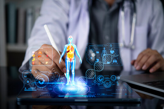 Physician interacts with holographic patient data on digital tablet. Examining virtual human anatomy, internal organs, skeleton for precise medical analysis, diagnosis, and innovative health tech.
