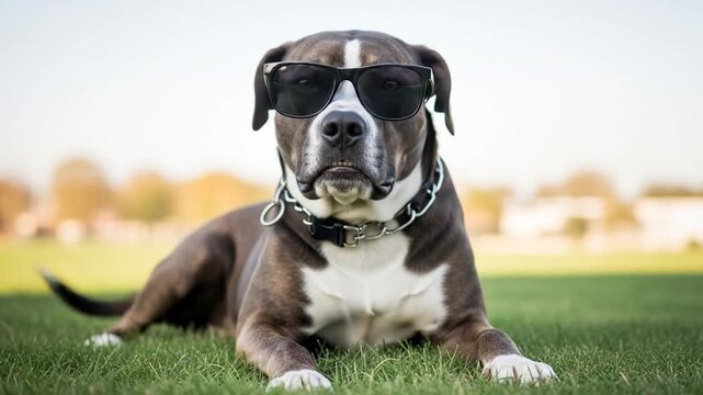 Cool Pitbull dog model resting on the grass in sunglasses with sunlight background
