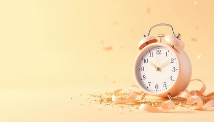 Pastel background featuring an analog clock surrounded by festive confetti and ribbon, symbolizing celebration and anticipation