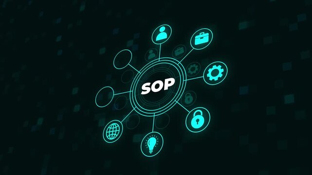 Visual representation of SOP concept with digital icons for standard, operating, and procedure in a business environment.