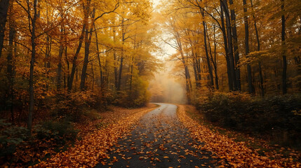 Fototapeta premium Sunlight streaming through autumn forest trees onto a leaf covered path