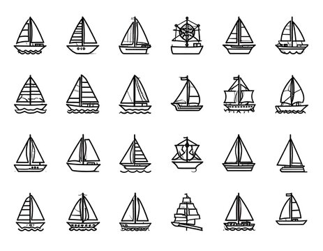 Simple black line drawings of various sailboats