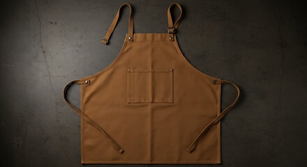 A brown canvas apron with a pocket lies flat on a dark textured surface for commercial usage and mockups