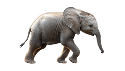 A delightful baby elephant isolated on transparent background, capturing its innocence and charm as it ambles along, showcasing its endearing features and playful spirit