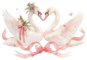 Naklejka premium PNG Coquette christmas swans illustration watercolor elements.