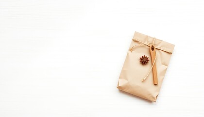 Minimalist packaging with simple adornments on white wooden table, showcasing natural aesthetics and craft presentation