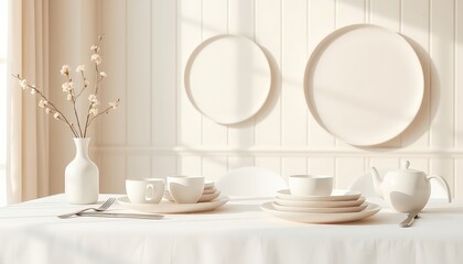 Elegant table setting in monochromatic tones with delicate floral arrangement, creating a peaceful atmosphere for a special occasion