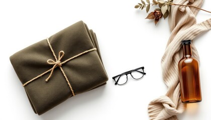 Neutral toned soft goods composition featuring folded fabric, knitwear, beverage bottle, and eye glasses atop a white background