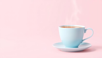 A delicate light blue cup of steaming liquid on a white saucer sits against a soft pink backdrop