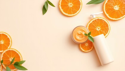 Fresh orange citrus slices and skincare product arrangement for health and beauty promotion on a soft background