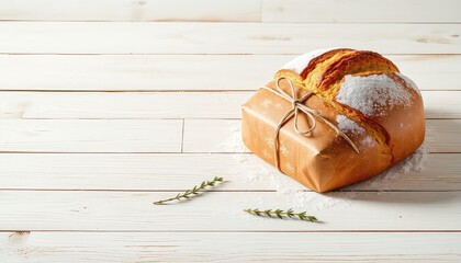 Sweet bread wrapped in brown paper, tied with twine, and decorated with green sprigs on a white wooden table