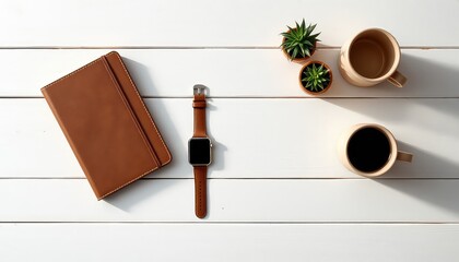 A simple morning routine with journal, smart watch, hot coffee and small succulents on a wooden desk