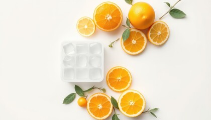 Refreshing citrus slices and clear ice cubes arranged on a pristine white surface for a cool and revitalizing composition