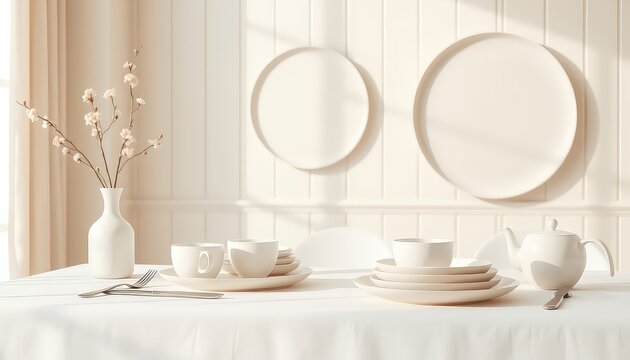 Elegant table setting in monochromatic tones with delicate floral arrangement, creating a peaceful atmosphere for a special occasion