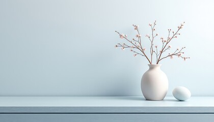 Serene minimalism showcased by a white vase holding delicate blossoms, accompanied by a softly speckled egg, set against a gentle blue backdrop
