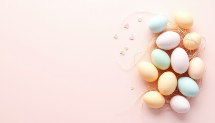 A Pastel Pink Background with Colorful Eggs, a Nest, and Little Hearts Forming a Soft and Minimalist Composition