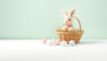 A gentle pastel backdrop showcases a bunny nestled in a basket beside painted eggs, evoking feelings of springtime celebration