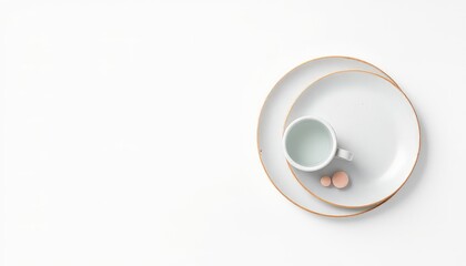 Minimalist composition of clean dinnerware with a cup and two small round objects, set against a bright, spacious, plain background