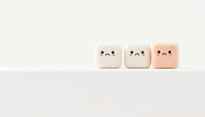 Three fuzzy cube toys display similar expressions of sadness against a minimalist backdrop