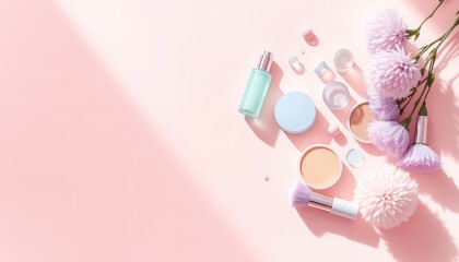 Elegant beauty flatlay showcasing pastel hued cosmetics and decorative flowers on a soft blush pink backdrop