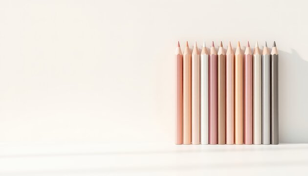 Elegantly Arranged Pastel Colored Pencils Standing Tall, Showcasing a Spectrum of Earthy Tones in a Minimalist Composition