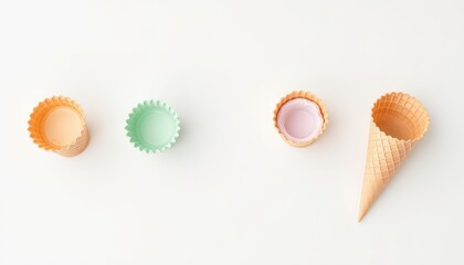 Pastel confectionery collection featuring pink, peach, and pistachio hues, positioned diagonally on a pristine, minimalist, clean white surface