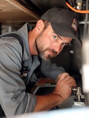 The plumber is repairing the faucet on the sink.
