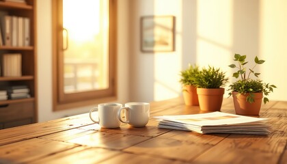 Warm sunlight illuminates a desk with coffee cups, houseplants, and documents in a cozy setting