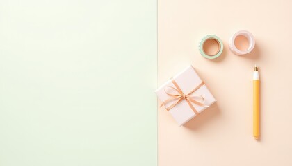 Thoughtful gift wrapping setup featuring a present, pen, decorative tapes, and pastel backgrounds for a delicate and creative feel