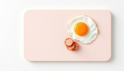 Overhead view of a fried egg and sliced sausage presented on a pastel pink cutting board, set against a clean white surface
