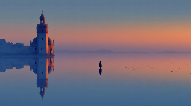 Solitary Figure near a Coastal Fortress at Sunset - Powered by Adobe