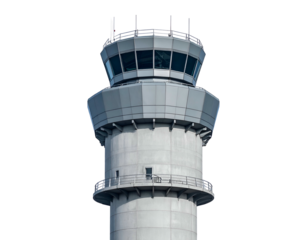 A tall, concrete control tower with a glass-walled observation deck, isolated