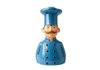 Chef figurine isolated on transparent background, ceramic cook statue with blue uniform and mustache for kitchen decor and restaurant design