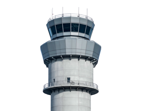 A tall, concrete control tower with a glass-walled observation deck, isolated