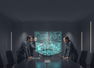 Collaborative Strategy Meeting Corporate Office Digital Visualization Modern Environment Team Perspective