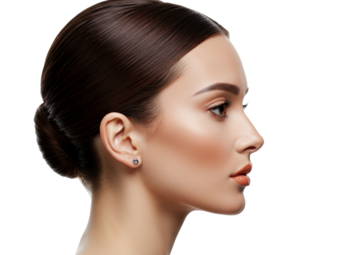 Elegant woman with brown hair in a bun isolated on transparent background, beauty portrait with perfect skin and makeup for fashion design