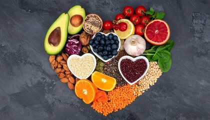 Fresh red and yellow peppers are healthy vegetables for a delicious food or salad in heart shape style on a black background