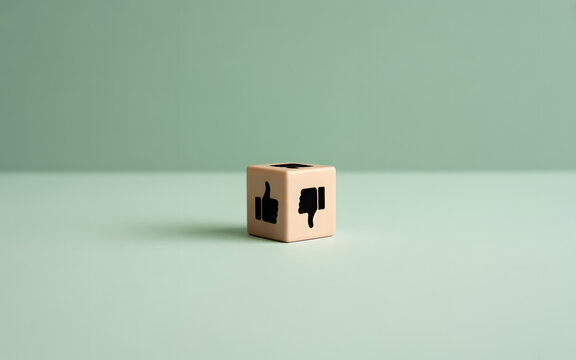 Decisions, choices, and social media concepts represented by a cube with thumbs up and down icons, perfect for marketing and feedback.