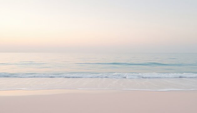 A peaceful seashore at daybreak presents a soft, calming scenery with gentle waves rolling into the sandy coastline