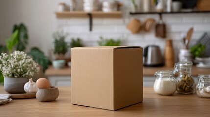 Unbox joy with this versatile cardboard box on a stylish kitchen counter, perfect for product mockups, home organization themes, and packaging design inspiration for your next project