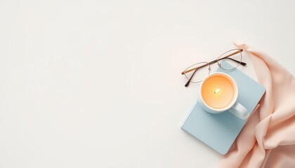 Cozy composition featuring a glowing candle atop a pastel book, complemented by spectacles and a soft, light fabric against a bright background