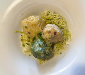 Canederli a kind of bread dumplings made from dried wheat bread rolls, milk, and eggs. A food specialty in southern Germany, Austria and northern Italy