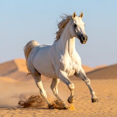 A magnificent white horse galloping through a sandy desert scene