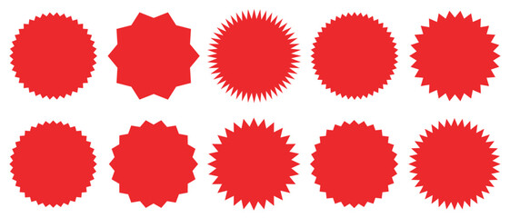 Set of circles with zigzag edges. Sunburst sticker shapes. Rounded starburst zigzag badge, spiky oval. circle and star shaped price tag. discount and sale label stickers. Star or sunburst silhouettes.