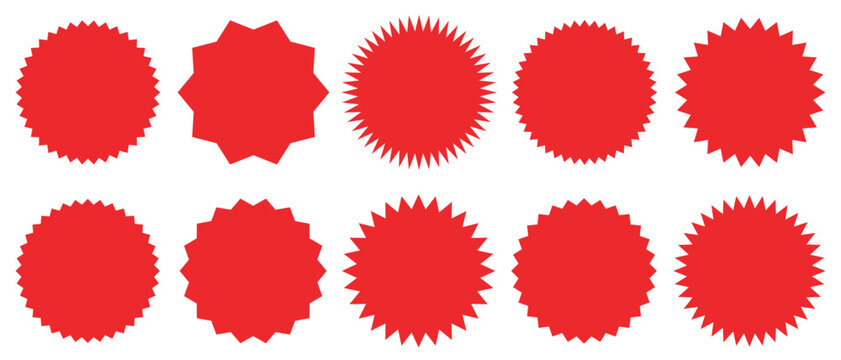 Set of circles with zigzag edges. Sunburst sticker shapes. Rounded starburst zigzag badge, spiky oval. circle and star shaped price tag. discount and sale label stickers. Star or sunburst silhouettes.