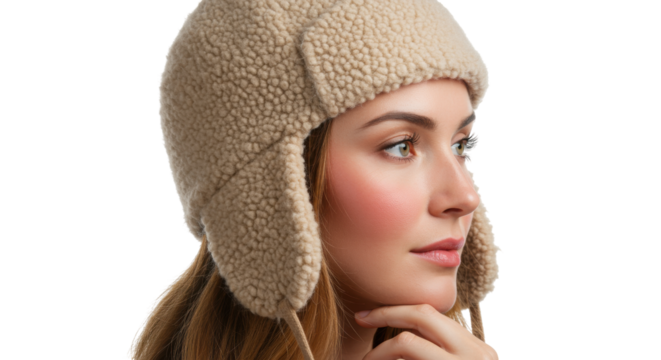Woman wearing a beige shearling trapper hat isolated on transparent background, winter fashion headwear for cold weather