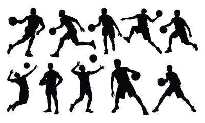 Basketball Player Silhouettes Collection of Sports Action Poses with Ball on White Background