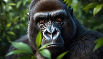 Obraz premium A Majestic Primate Portrait Close-Up of a Gorilla with Piercing Gaze and Lush Green Foliage Background